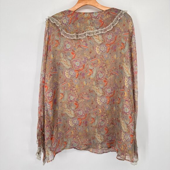 Alain Weiz Womens Floral Silk Blouse lined Lace Trim Ruffle size 20w beige - Picture 14 of 14